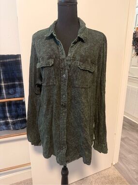 NWOT Acid-wash Green/Black Button-Up Shirt with Cut-out